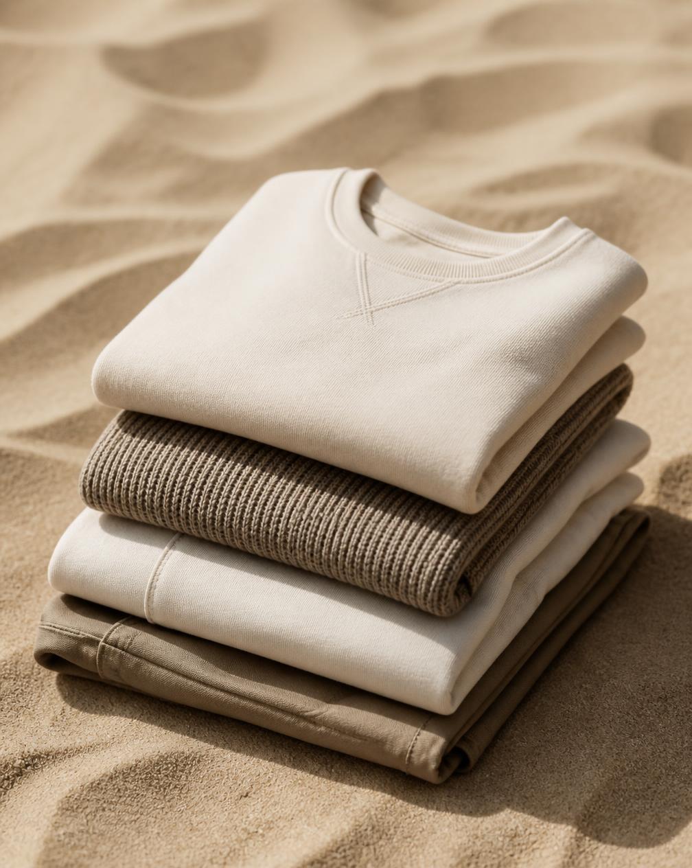 Folded stack of Myra garments in cream and taupe tones