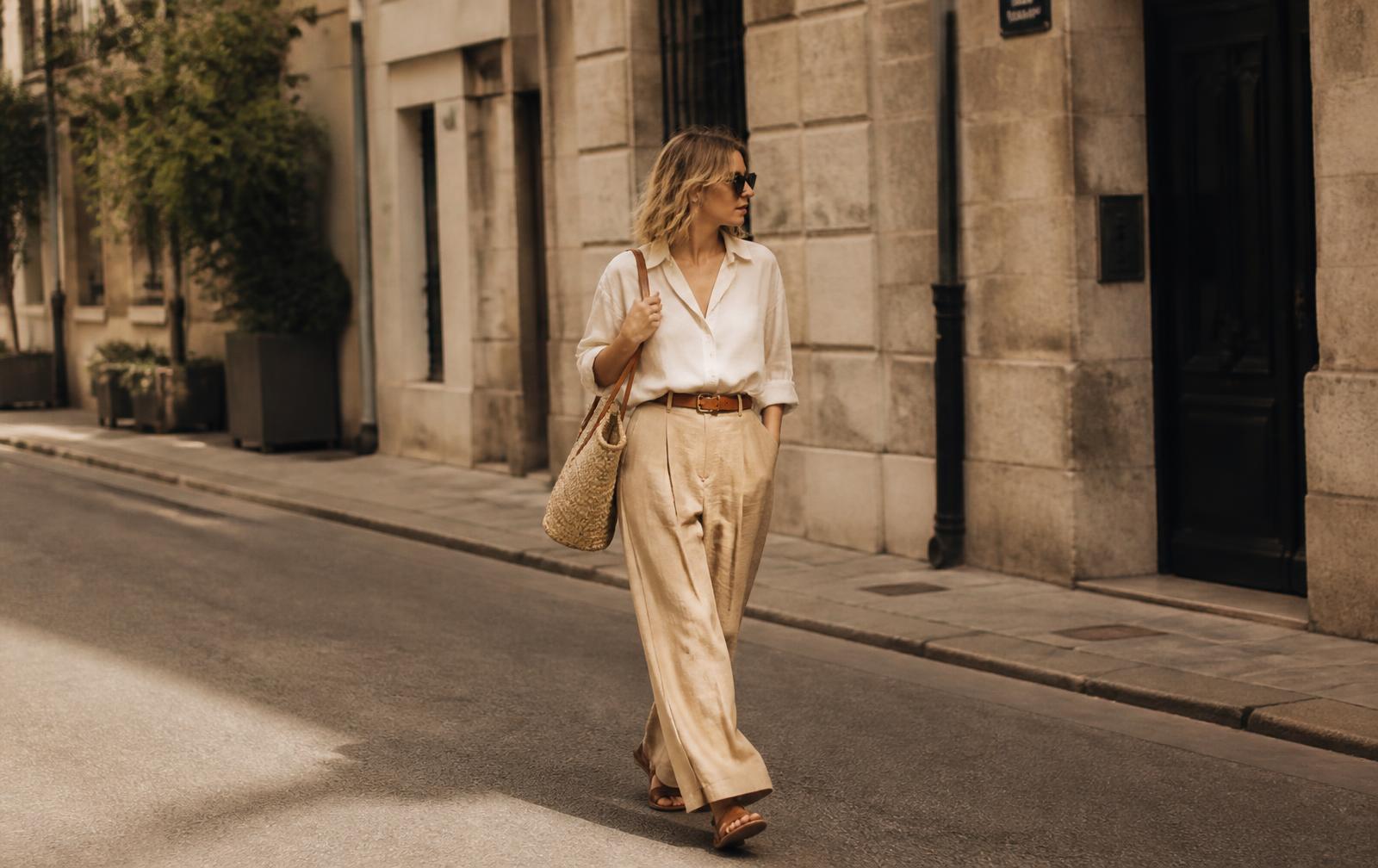 Woman walking a sunlit street in an everyday Myra outfit